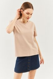 Açık Kahve Oversize Rahat %100 Pamuklu Penye Bisiklet Yaka Kısa Kol Basic T-Shirt - 2
