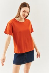 Kiremit Oversize Rahat %100 Pamuklu Penye Bisiklet Yaka Kısa Kol Basic T-Shirt - 2