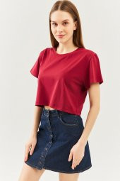Bordo Oversize Rahat %100 Pamuklu Penye Bisiklet Yaka Kısa Kol Basic Crop T-Shirt - 1