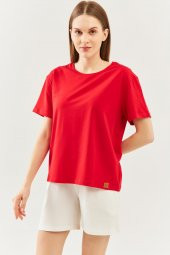 Kırmızı Oversize Rahat %100 Pamuklu Penye Bisiklet Yaka Kısa Kol Basic T-Shirt - 1