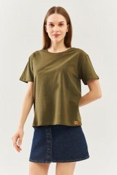 Haki Oversize Rahat %100 Pamuklu Penye Bisiklet Yaka Kısa Kol Basic T-Shirt - 2