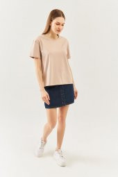 Açık Kahve Oversize Rahat %100 Pamuklu Penye Bisiklet Yaka Kısa Kol Basic T-Shirt - 3