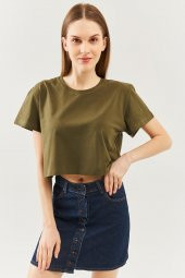 Haki Oversize Rahat %100 Pamuklu Penye Bisiklet Yaka Kısa Kol Basic Crop T-Shirt - 1