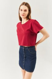 Bordo Oversize Rahat %100 Pamuklu Penye Bisiklet Yaka Kısa Kol Basic Crop T-Shirt - 2