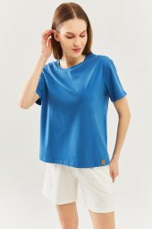 Mavi  Oversize Rahat %100 Pamuklu Penye Bisiklet Yaka Kısa Kol Basic T-Shirt - 1