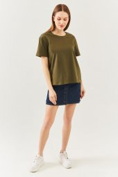 Haki Oversize Rahat %100 Pamuklu Penye Bisiklet Yaka Kısa Kol Basic T-Shirt - 3