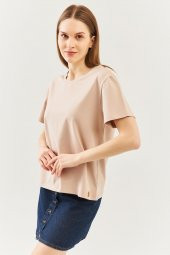Açık Kahve Oversize Rahat %100 Pamuklu Penye Bisiklet Yaka Kısa Kol Basic T-Shirt - 4