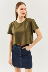 Haki Oversize Rahat %100 Pamuklu Penye Bisiklet Yaka Kısa Kol Basic Crop T-Shirt - 2