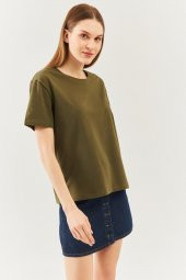 Haki Oversize Rahat %100 Pamuklu Penye Bisiklet Yaka Kısa Kol Basic T-Shirt - 4