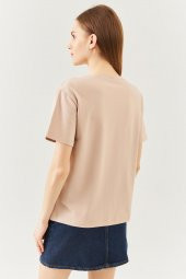 Açık Kahve Oversize Rahat %100 Pamuklu Penye Bisiklet Yaka Kısa Kol Basic T-Shirt - 5