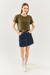 Haki Oversize Rahat %100 Pamuklu Penye Bisiklet Yaka Kısa Kol Basic Crop T-Shirt - 3