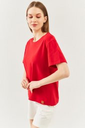 Kırmızı Oversize Rahat %100 Pamuklu Penye Bisiklet Yaka Kısa Kol Basic T-Shirt - 3