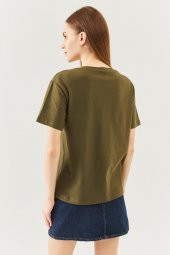 Haki Oversize Rahat %100 Pamuklu Penye Bisiklet Yaka Kısa Kol Basic T-Shirt - 5