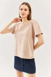 Açık Kahve Oversize Rahat %100 Pamuklu Penye Bisiklet Yaka Kısa Kol Basic T-Shirt - 6