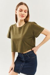 Haki Oversize Rahat %100 Pamuklu Penye Bisiklet Yaka Kısa Kol Basic Crop T-Shirt - 4