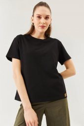 Siyah Oversize Rahat %100 Pamuklu Penye Bisiklet Yaka Kısa Kol Basic T-Shirt - 1