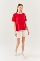 Kırmızı Oversize Rahat %100 Pamuklu Penye Bisiklet Yaka Kısa Kol Basic T-Shirt - 4