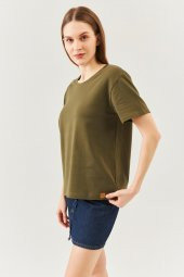 Haki Oversize Rahat %100 Pamuklu Penye Bisiklet Yaka Kısa Kol Basic T-Shirt - 6