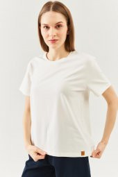 Beyaz Oversize Rahat %100 Pamuklu Penye Bisiklet Yaka Kısa Kol Basic T-Shirt - 2