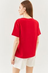 Kırmızı Oversize Rahat %100 Pamuklu Penye Bisiklet Yaka Kısa Kol Basic T-Shirt - 5