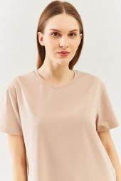 Açık Kahve Oversize Rahat %100 Pamuklu Penye Bisiklet Yaka Kısa Kol Basic T-Shirt - 7