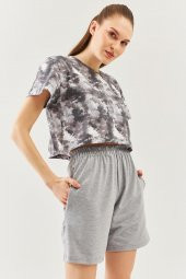 Batik Gri Oversize Rahat %100 Pamuklu Penye Bisiklet Yaka Kısa Kol Basic Crop T-shirt - 1