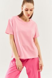 Pembe Oversize Rahat %100 Pamuklu Penye Bisiklet Yaka Kısa Kol Basic T-Shirt - 2