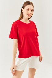 Kırmızı Oversize Rahat %100 Pamuklu Penye Bisiklet Yaka Kısa Kol Basic T-Shirt - 6