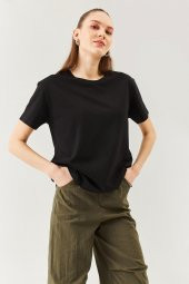 Siyah Oversize Rahat %100 Pamuklu Penye Bisiklet Yaka Kısa Kol Basic T-Shirt - 3