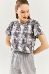 Batik Gri Oversize Rahat %100 Pamuklu Penye Bisiklet Yaka Kısa Kol Basic Crop T-shirt - 2