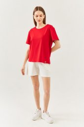 Kırmızı Oversize Rahat %100 Pamuklu Penye Bisiklet Yaka Kısa Kol Basic T-Shirt - 7