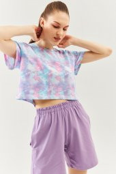 Batik Aqua Oversize Rahat %100 Pamuklu Penye Bisiklet Yaka Kısa Kol Basic Crop T-Shirt - 1