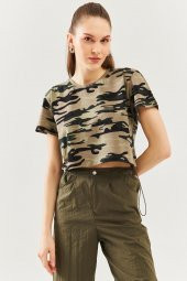 Kamuflaj Oversize Rahat %100 Pamuklu Penye Bisiklet Yaka Kısa Kol Basic Crop T-Shirt - 1