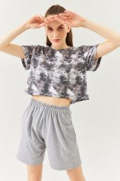 Batik Gri Oversize Rahat %100 Pamuklu Penye Bisiklet Yaka Kısa Kol Basic Crop T-shirt - 3