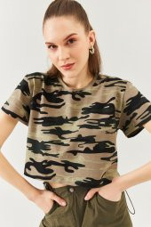 Kamuflaj Oversize Rahat %100 Pamuklu Penye Bisiklet Yaka Kısa Kol Basic Crop T-Shirt - 2
