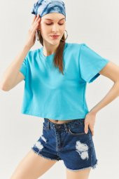 Aqua Oversize Rahat %100 Pamuklu Penye Bisiklet Yaka Kısa Kol Basic Crop T-Shirt - 2