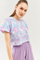 Batik Aqua Oversize Rahat %100 Pamuklu Penye Bisiklet Yaka Kısa Kol Basic Crop T-Shirt - 2