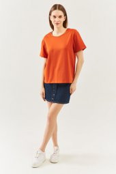 Kiremit Oversize Rahat %100 Pamuklu Penye Bisiklet Yaka Kısa Kol Basic T-Shirt - 3