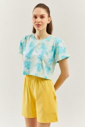 Batik Doğa Oversize Rahat %100 Pamuklu Penye Bisiklet Yaka Kısa Kol Basic Crop T-Shirt - 3