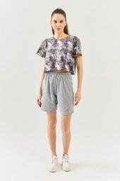 Batik Gri Oversize Rahat %100 Pamuklu Penye Bisiklet Yaka Kısa Kol Basic Crop T-shirt - 4