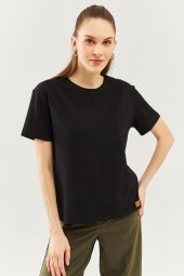 Siyah Oversize Rahat %100 Pamuklu Penye Bisiklet Yaka Kısa Kol Basic T-Shirt - 6