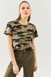 Kamuflaj Oversize Rahat %100 Pamuklu Penye Bisiklet Yaka Kısa Kol Basic Crop T-Shirt - 3