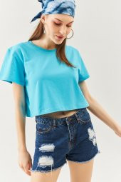 Aqua Oversize Rahat %100 Pamuklu Penye Bisiklet Yaka Kısa Kol Basic Crop T-Shirt - 3