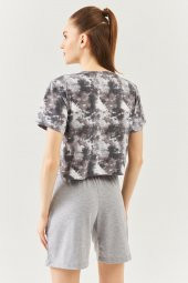 Batik Gri Oversize Rahat %100 Pamuklu Penye Bisiklet Yaka Kısa Kol Basic Crop T-shirt - 5
