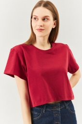 Bordo Oversize Rahat %100 Pamuklu Penye Bisiklet Yaka Kısa Kol Basic Crop T-Shirt - 3