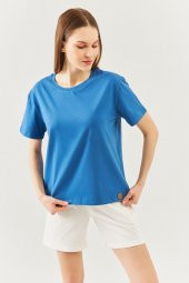 Mavi  Oversize Rahat %100 Pamuklu Penye Bisiklet Yaka Kısa Kol Basic T-Shirt - 2