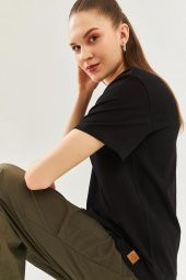 Siyah Oversize Rahat %100 Pamuklu Penye Bisiklet Yaka Kısa Kol Basic T-Shirt - 7