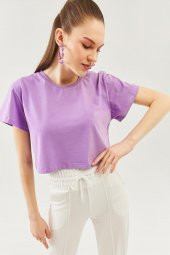 Lila Oversize Rahat %100 Pamuklu Penye Bisiklet Yaka Kısa Kol Basic Crop T-Shirt - 1