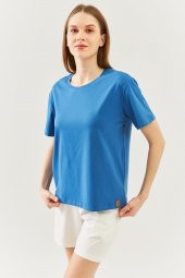 Mavi  Oversize Rahat %100 Pamuklu Penye Bisiklet Yaka Kısa Kol Basic T-Shirt - 3