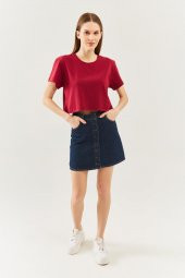 Bordo Oversize Rahat %100 Pamuklu Penye Bisiklet Yaka Kısa Kol Basic Crop T-Shirt - 4
